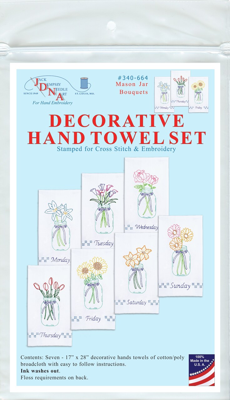 Jack Dempsey Stamped Decorative Hand Towels 17"x28" 7/Pkg-Mason Jar Bouquets